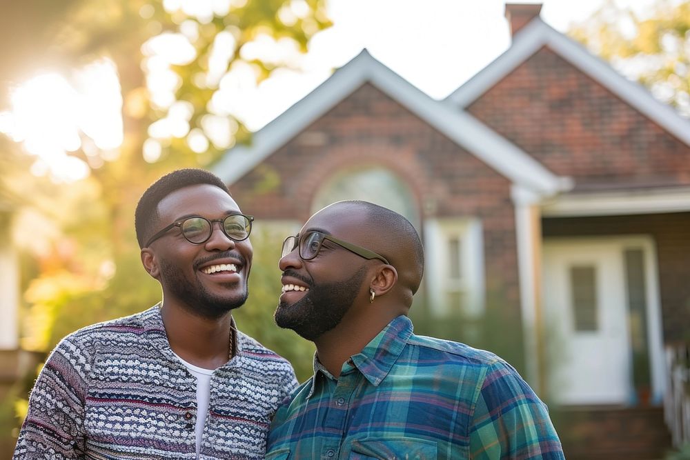 African American Gay Couple Buying New Dream House photography portrait glasses.