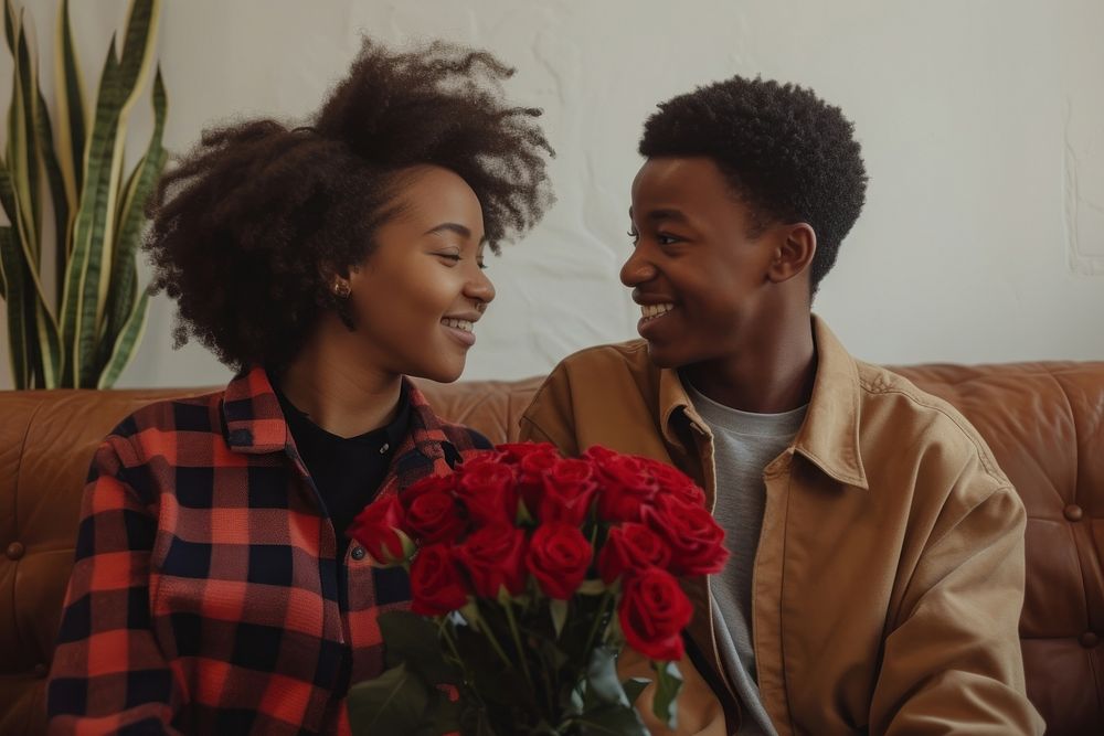 African american gay couple rose valentine's day affectionate.
