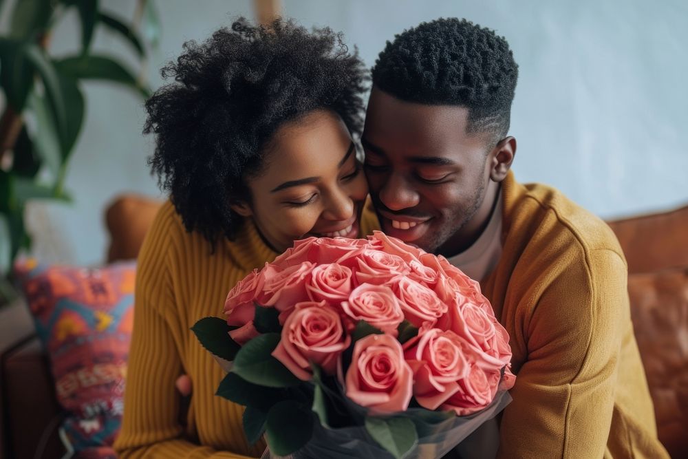 African american gay couple rose wedding flower.