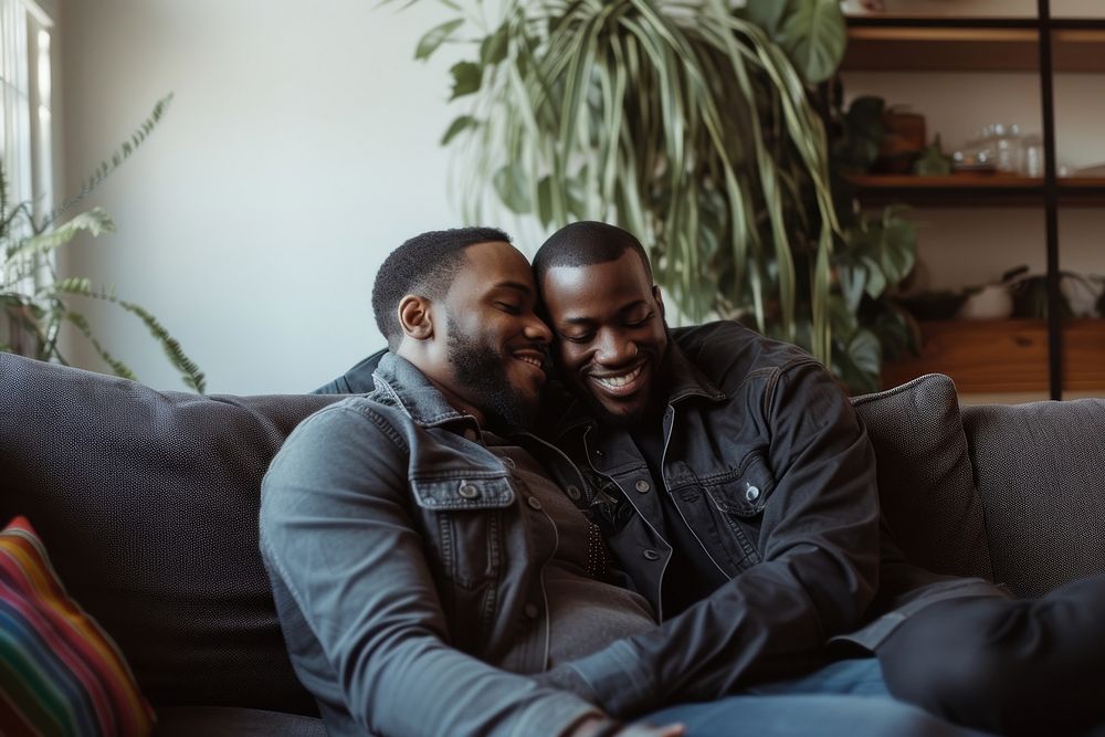 African American gay couple adult couch affectionate.