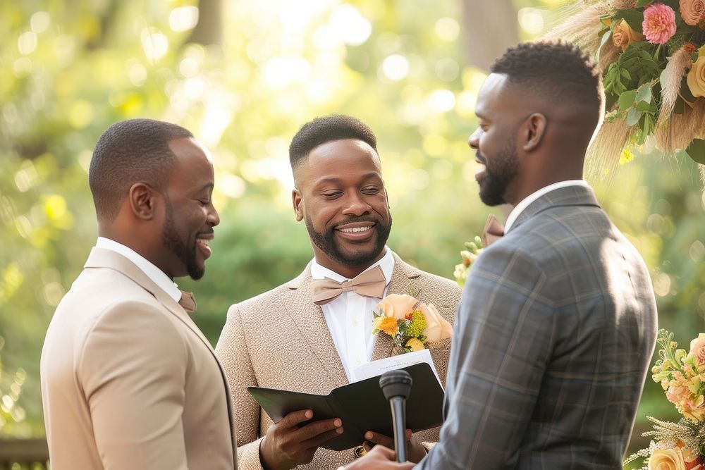 African American Happy gay couple getting married wedding adult togetherness.