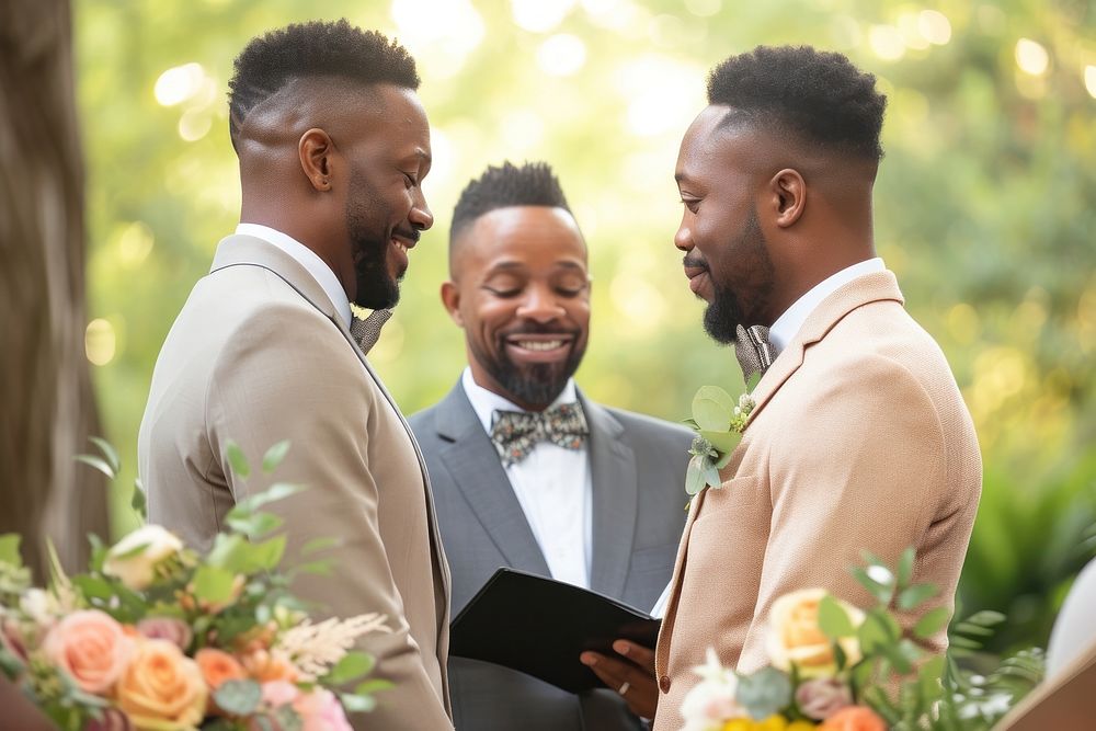 African American Happy gay couple getting married wedding adult togetherness.