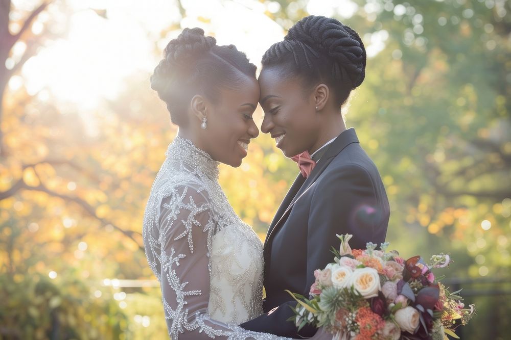 African American Happy gay couple getting married wedding bride adult.