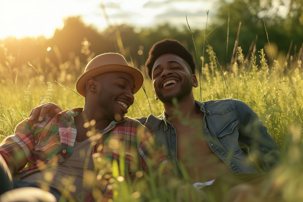 African American Happy Gay couple relaxing in the grass photography outdoors portrait.
