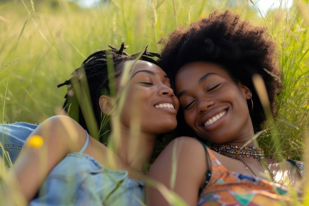 African American Happy lesbian couple relaxing in the grass photography laughing outdoors.
