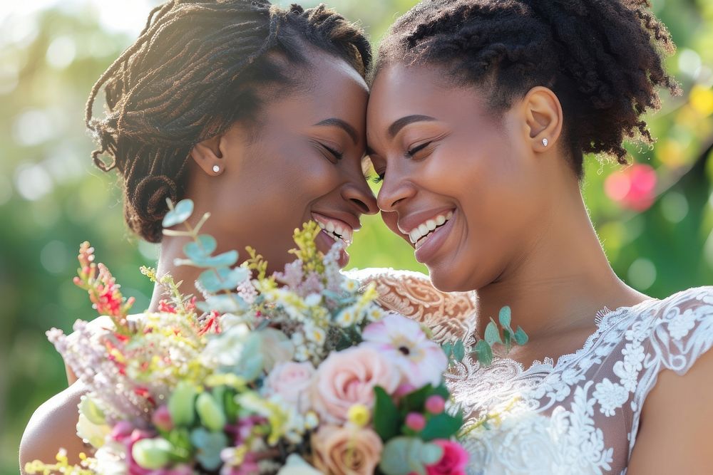 African American Happy lesbian couple getting married wedding flower bride.