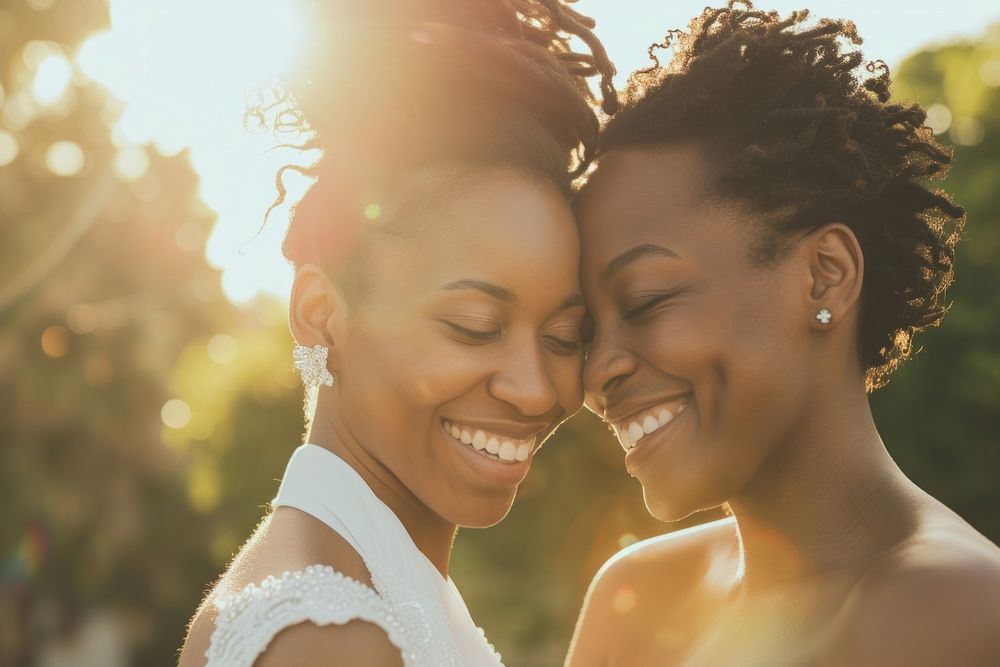 African American Happy lesbian couple getting married photography laughing portrait.