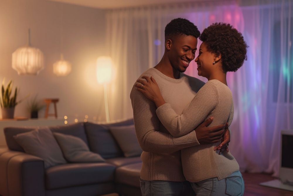 African American happy lgbtq couple night affectionate togetherness.