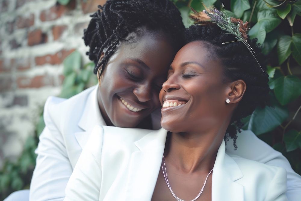 African American Happy lgbtq couple getting married photography laughing portrait.