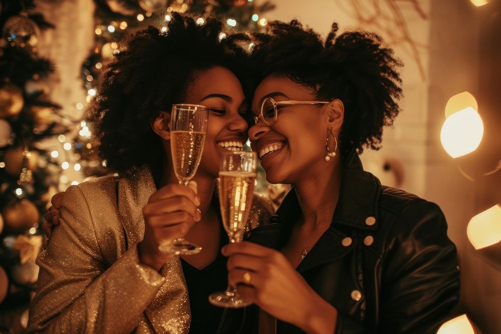 African American lesbian couple night champagne laughing.