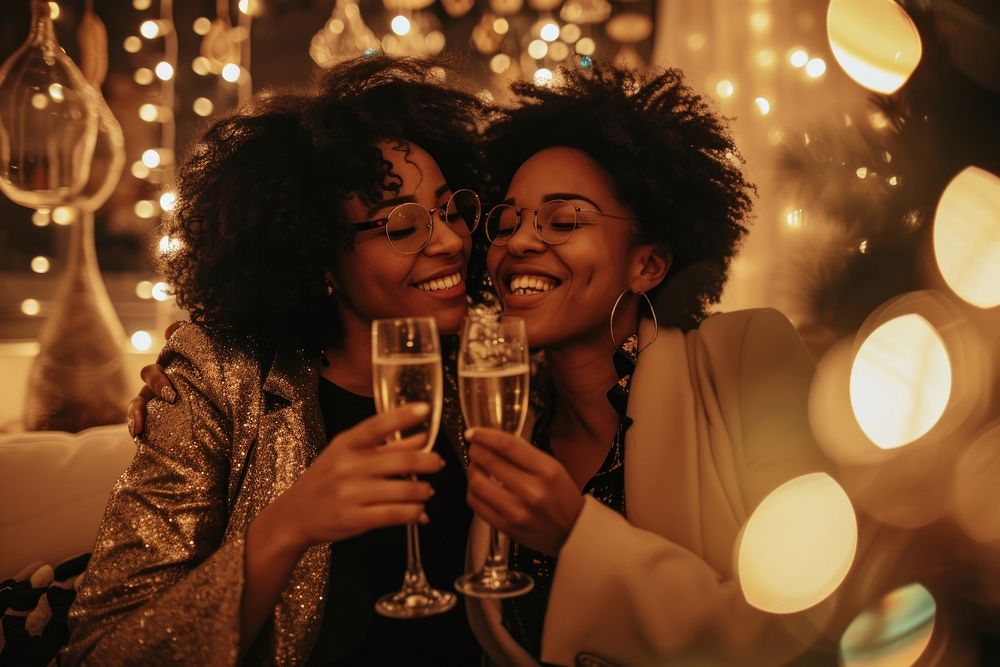 African American lesbian couple champagne drinking smiling.