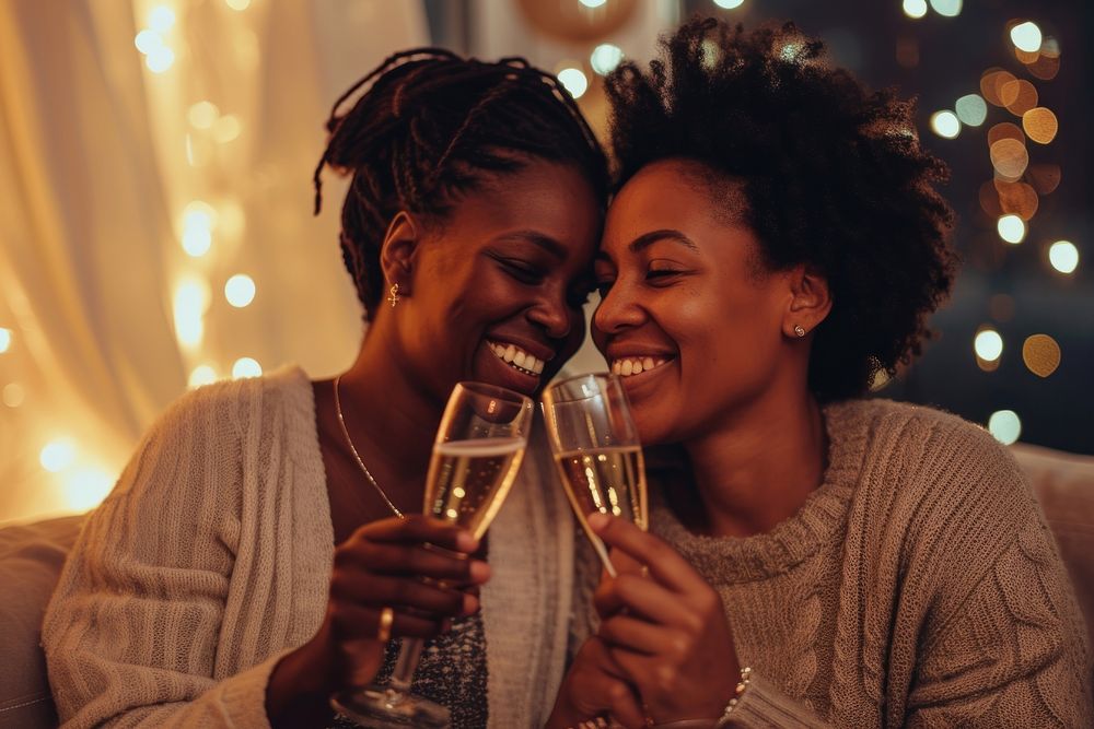 African American lesbian couple champagne laughing drinking.