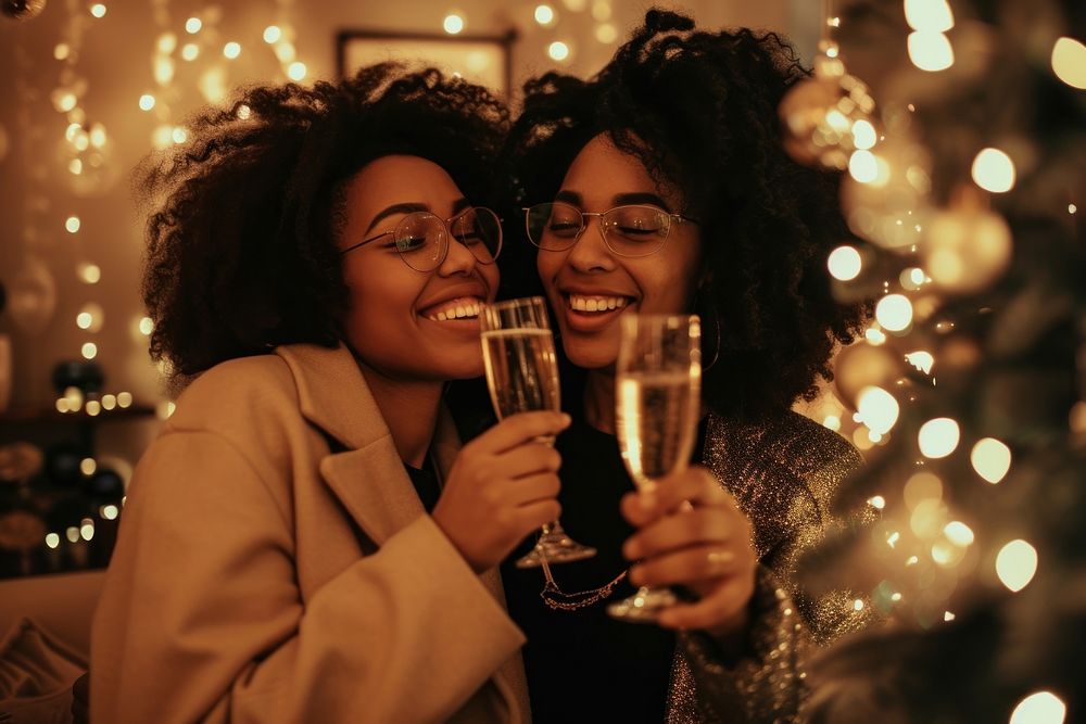 African American lesbian couple drink photography champagne.