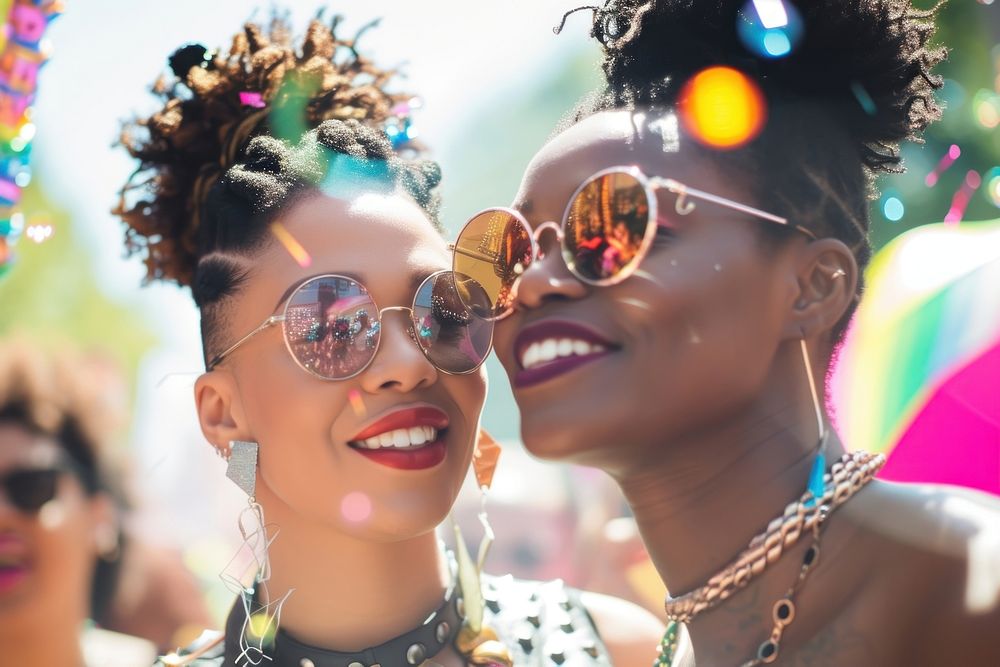 African American lesbian couple celebrating at a parade sunglasses necklace jewelry.