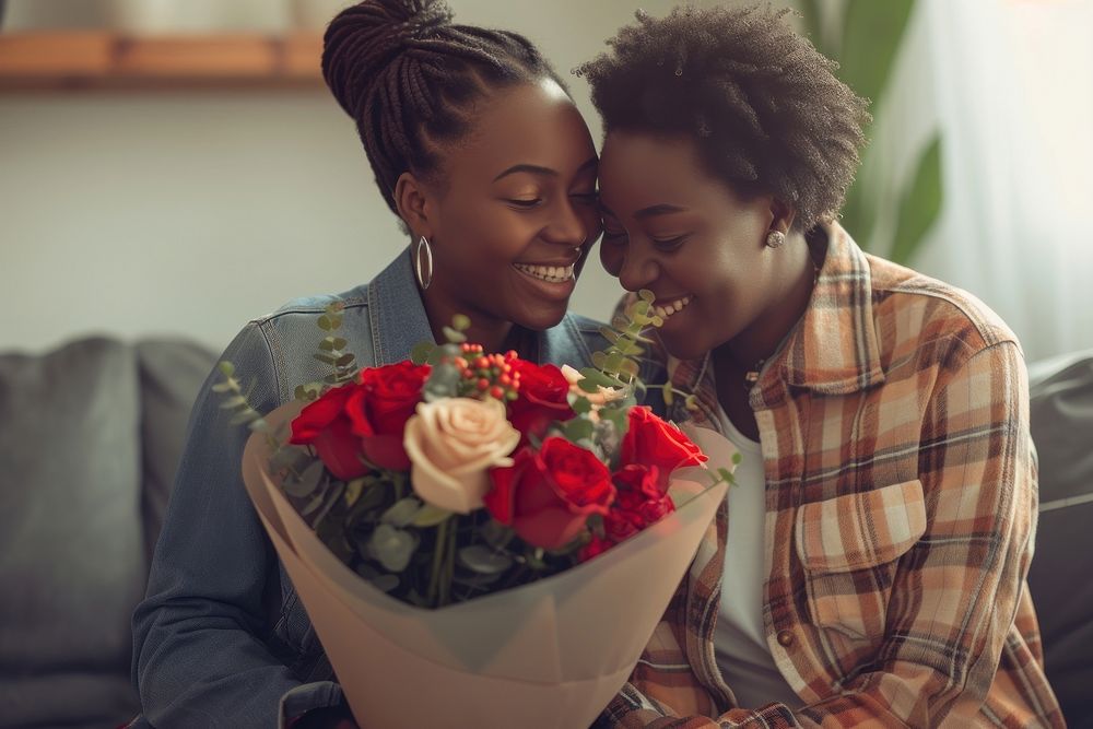 African american lesbian couple rose wedding flower.