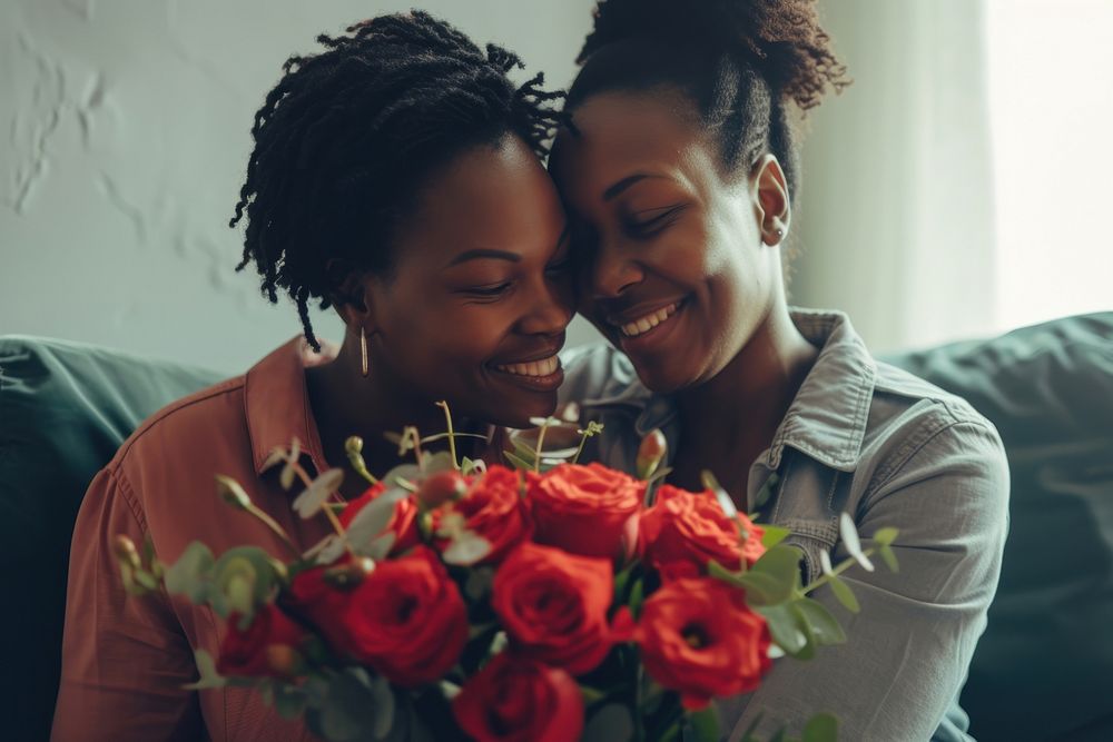 African american lesbian couple rose laughing flower.