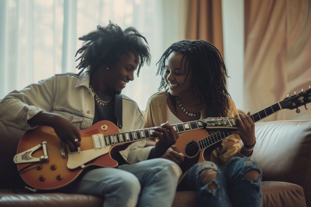 African American lessbian couple guitar musician electric guitar.