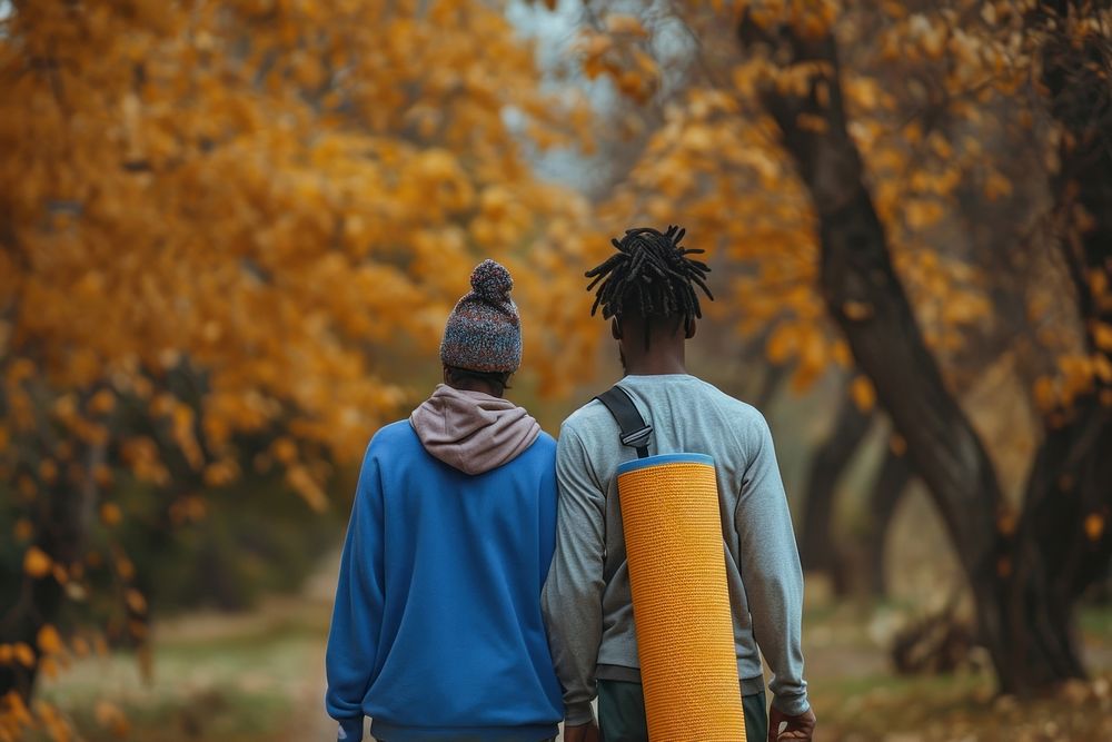 African American lgay walking autumn togetherness.