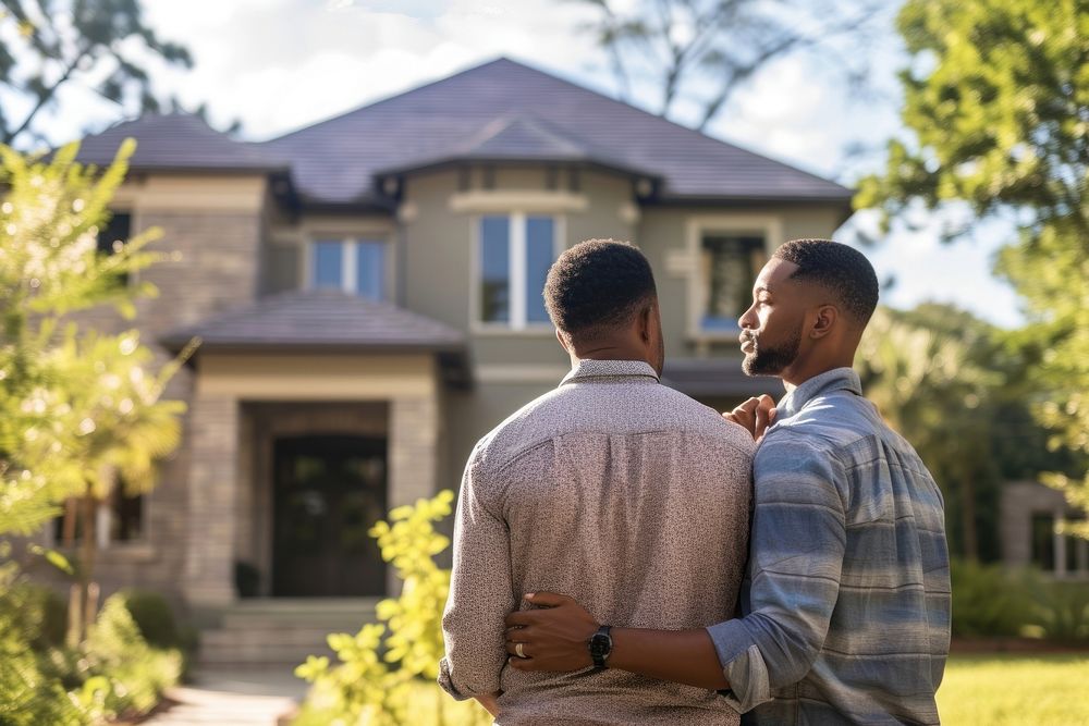 African American lgbt Couple Buying New Dream House outdoors house adult.