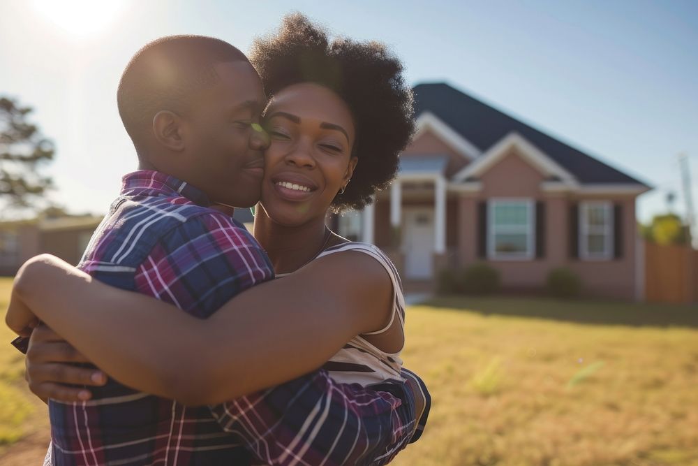 African American lgbt Couple Buying New Dream House house affectionate togetherness.