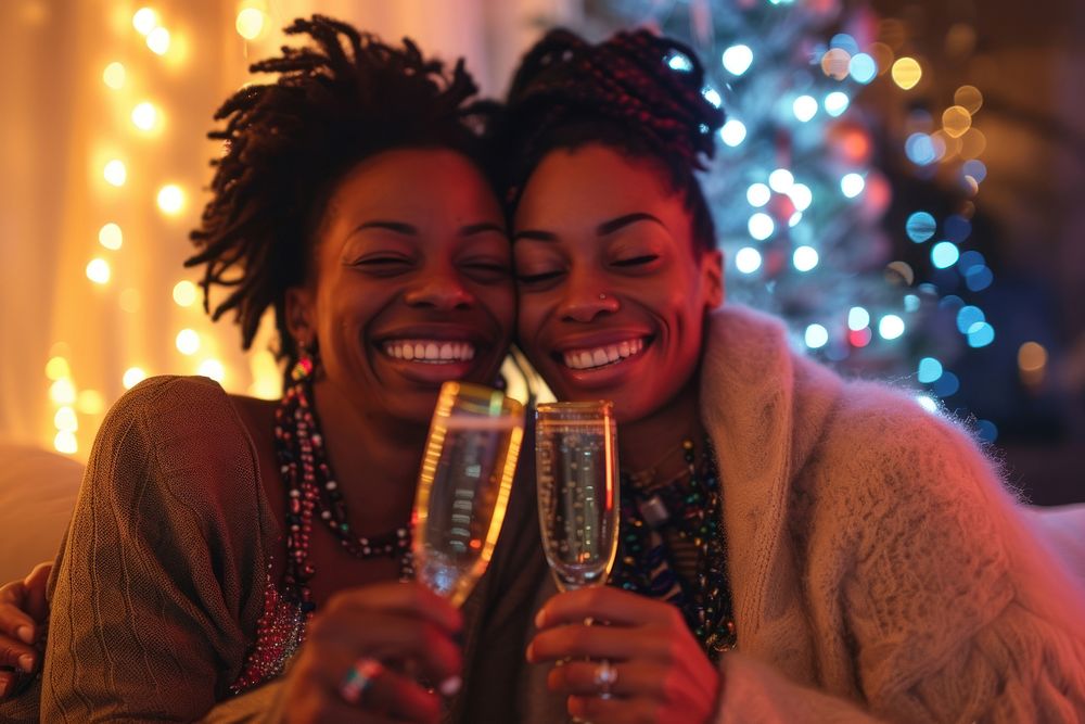 African American lgbt couple champagne laughing drinking.