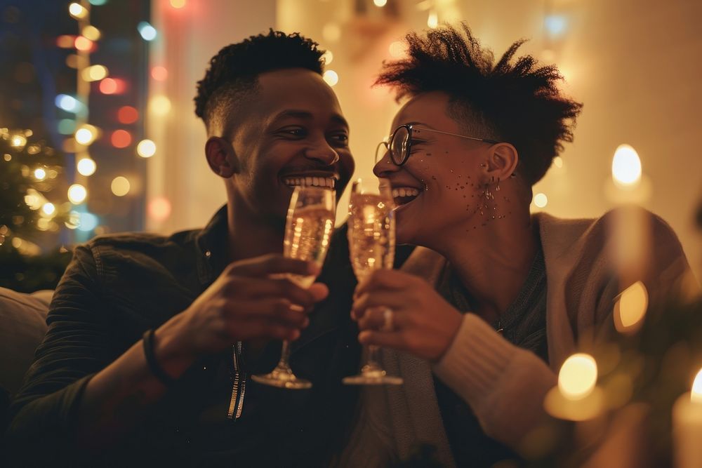 African American lgbt couple drink champagne laughing.