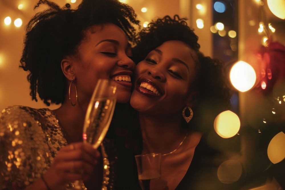 African American lgbt couple night champagne laughing.