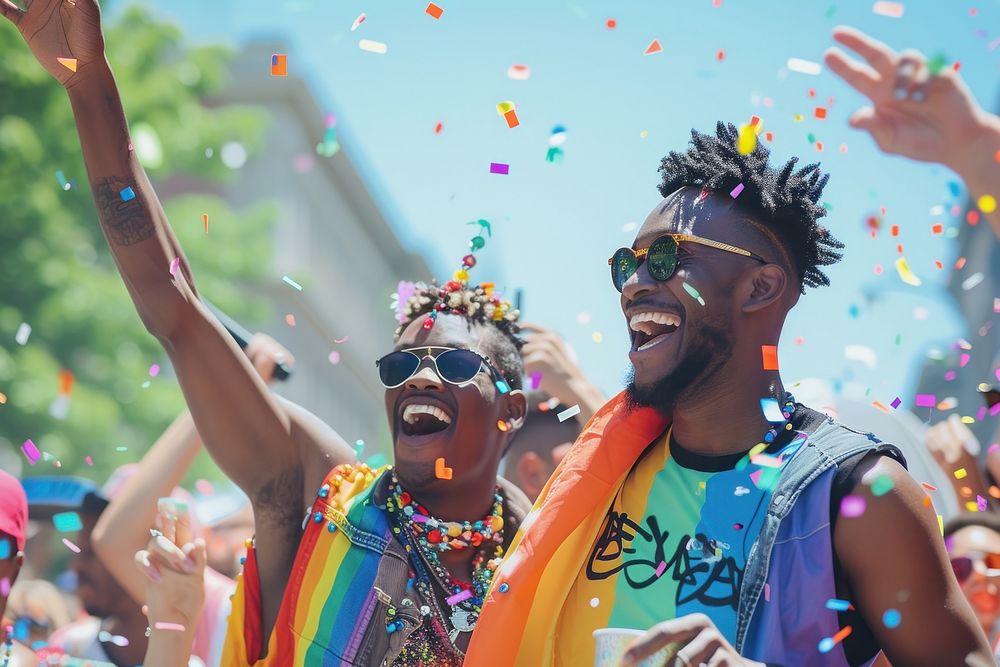 African American lgbtq couple celebrating at a parade glasses togetherness celebration.