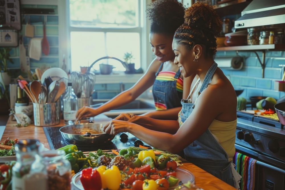 African American lgbtq Couple cooking kitchen food.