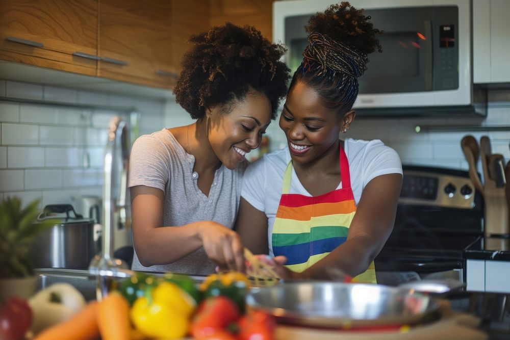 African American lgbtq Couple cooking kitchen appliance.