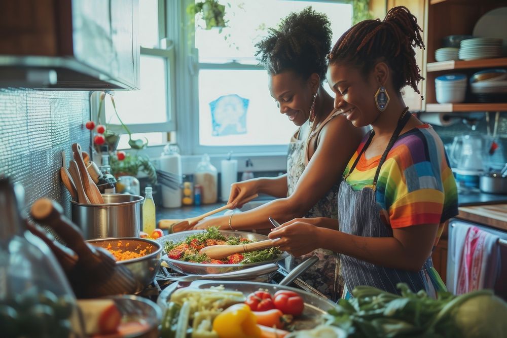 African American lgbtq Couple cooking kitchen adult.