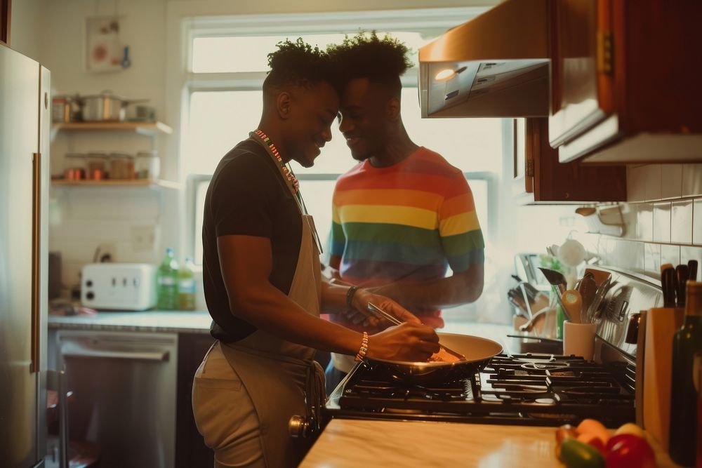 African American lgbtq Couple kitchen appliance cooking.