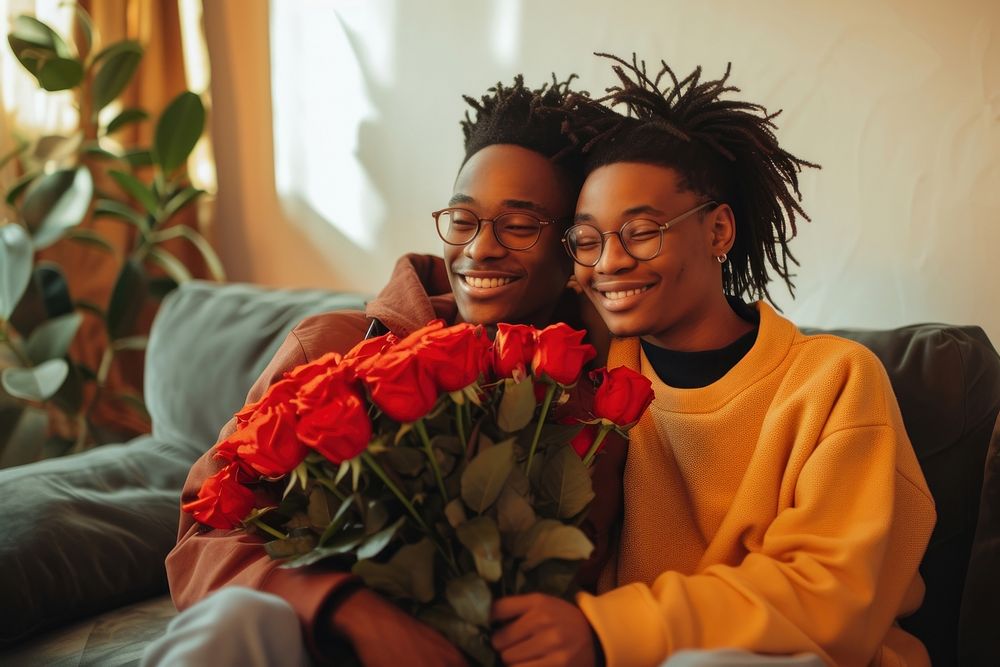 African american lgbtq couple rose flower plant.