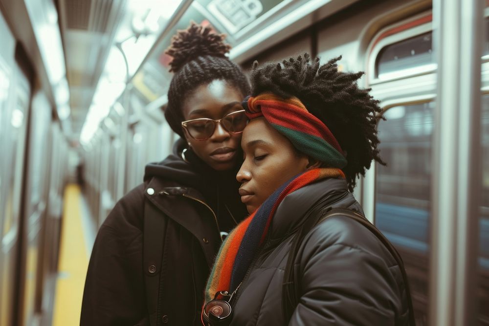 African American lgbtq couple standing as they travel on subway adult togetherness affectionate.