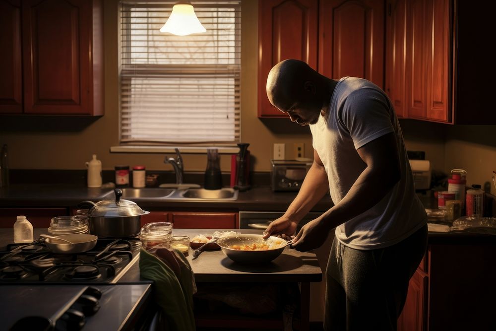 African American man kitchen cooking food.