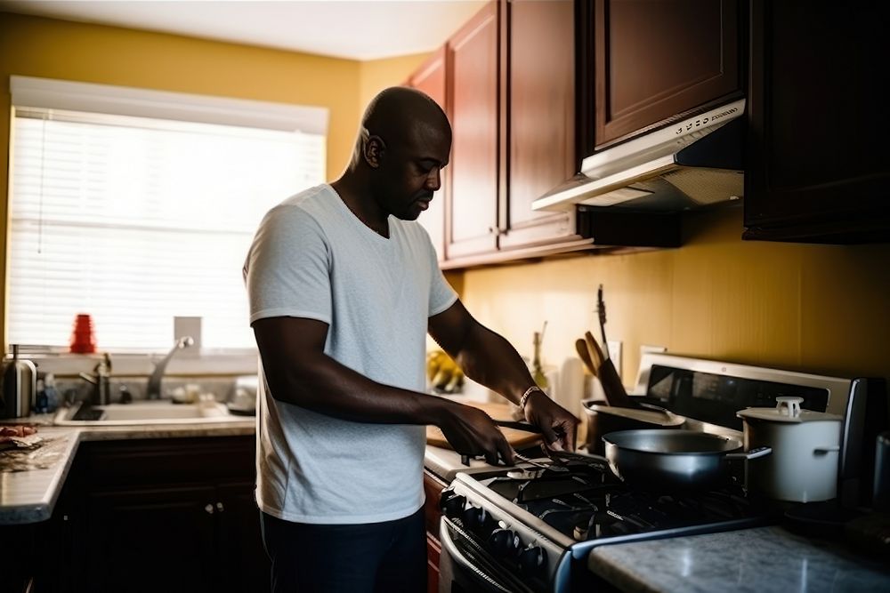 African American man cooking kitchen adult.