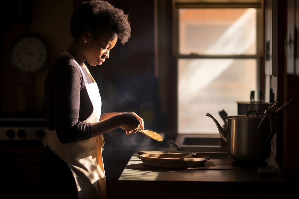African American woman kitchen cooking home.