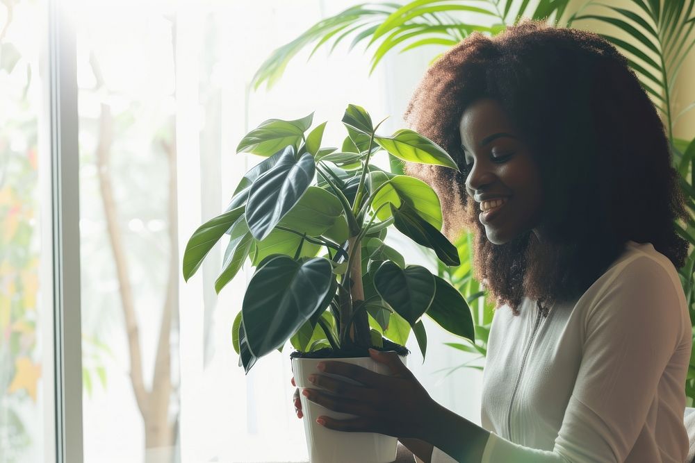 African American woman plant adult houseplant.