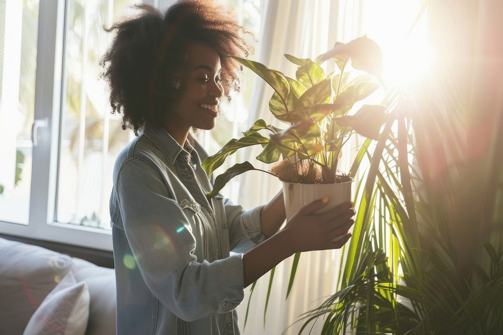 African American woman plant window adult.