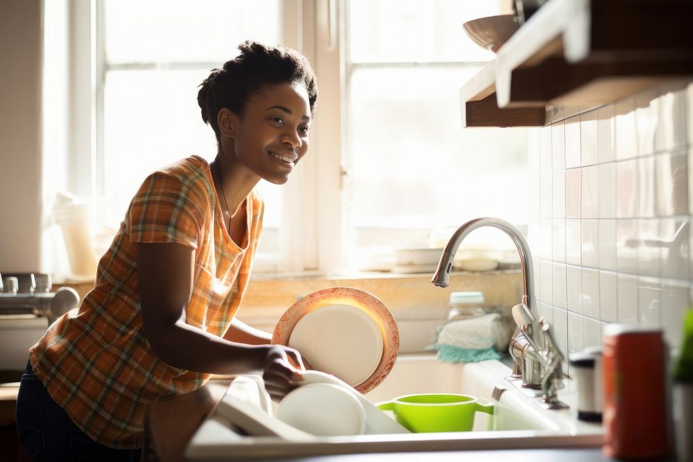 African American woman washing kitchen sink.