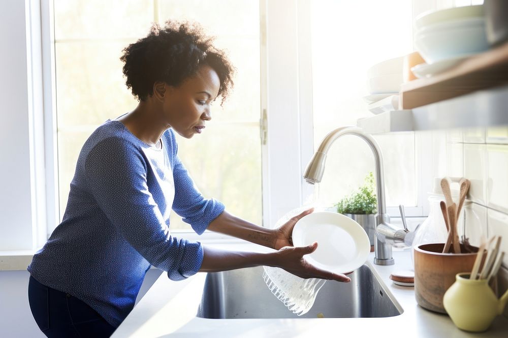 African American woman washing kitchen adult.