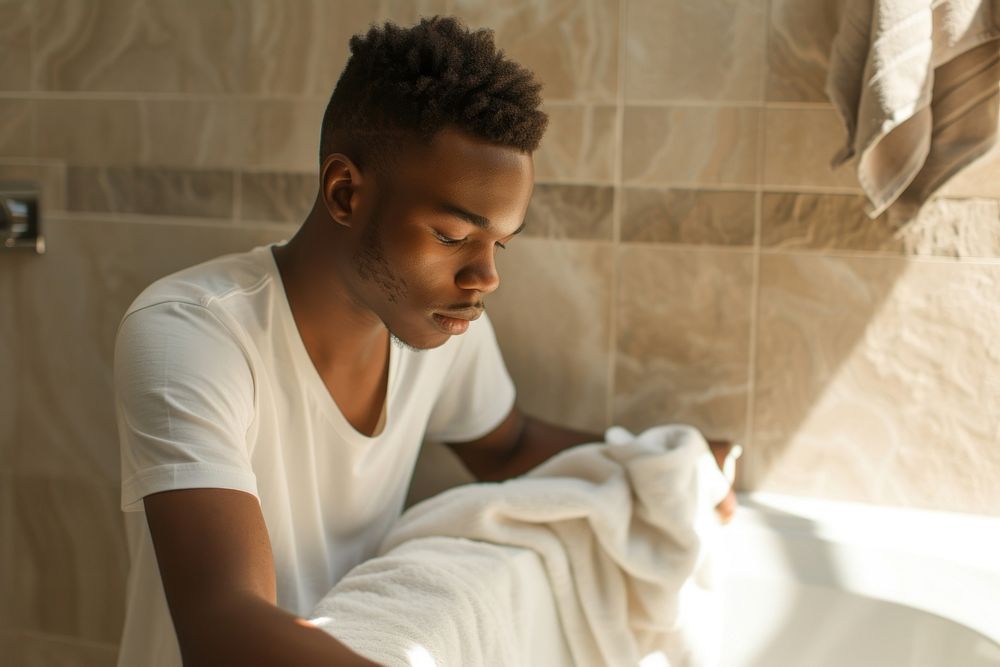 African American young man bathroom contemplation relaxation.
