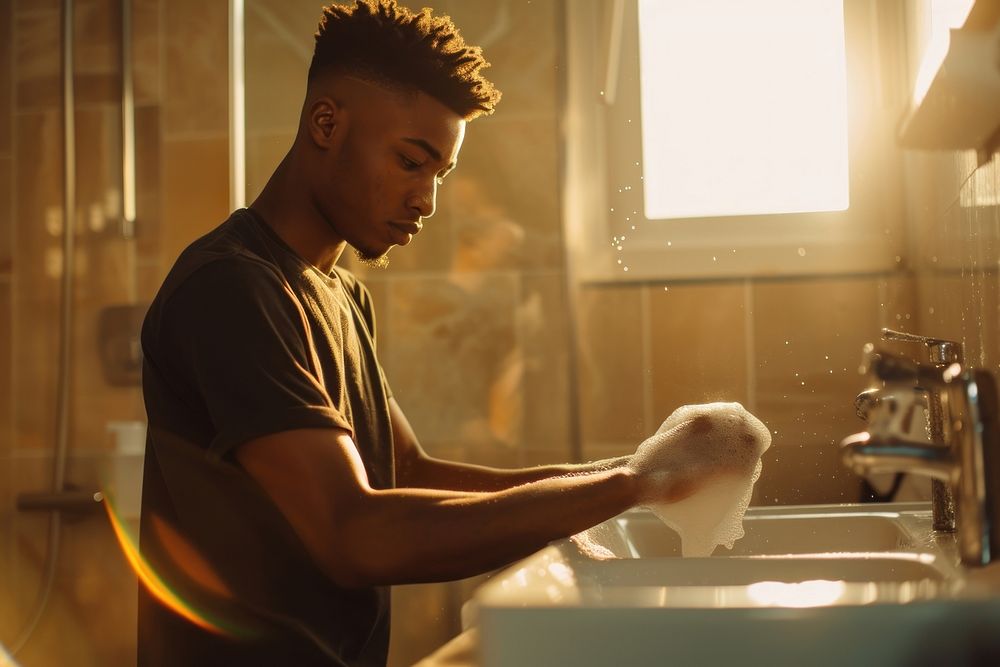 African American young man cleaning bathroom washing.