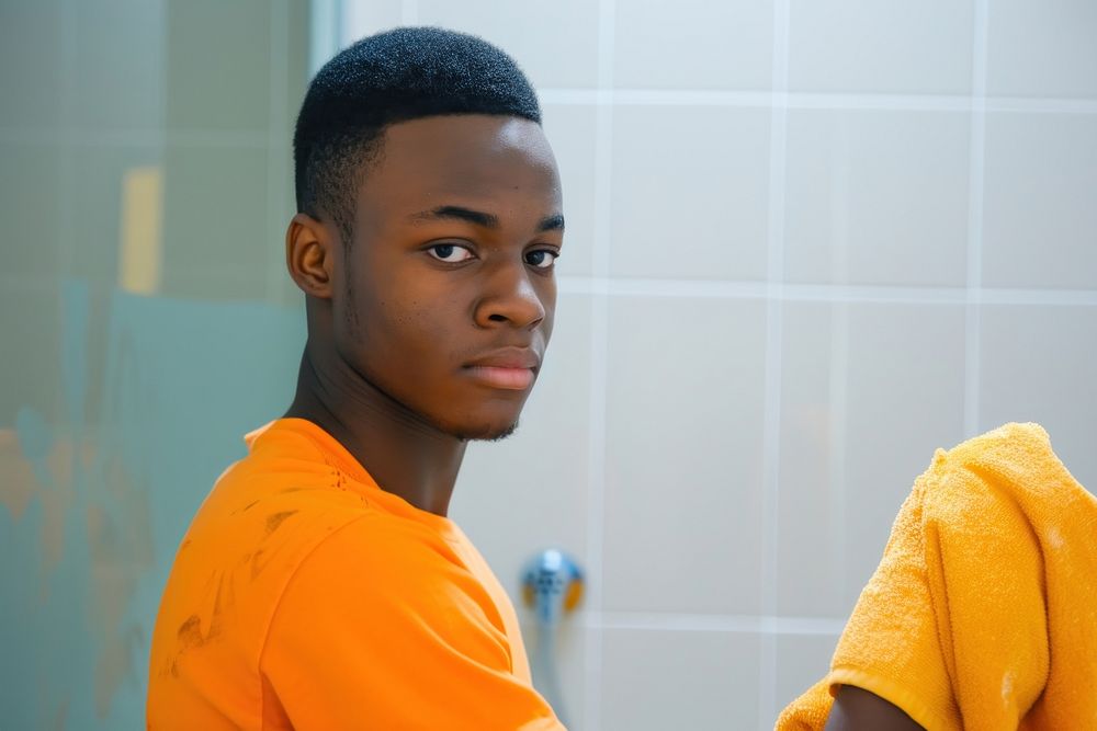 African American young man bathroom hairstyle portrait.