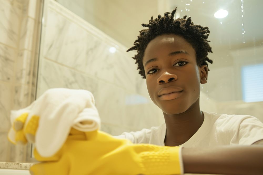 African American young man cleaning bathroom housework.