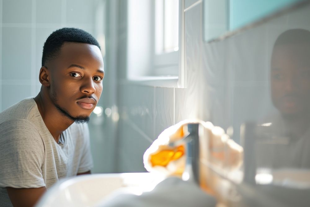 African American young man bathroom adult headshot.