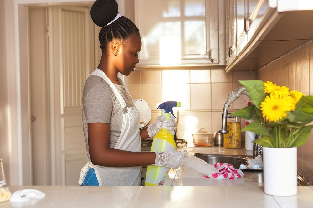 African American young woman cleaning kitchen sink.