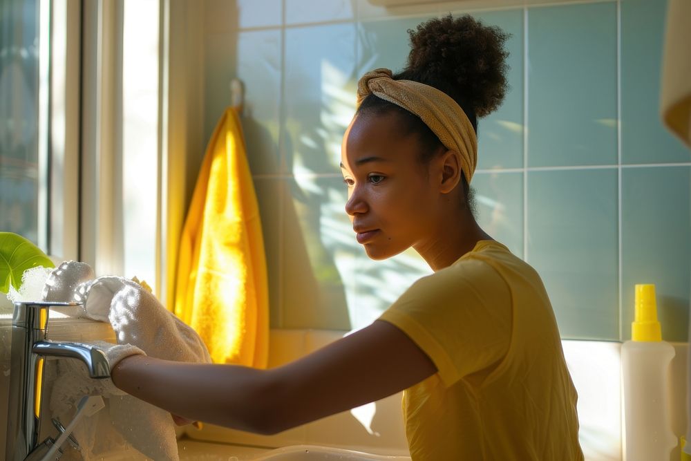 African American young woman cleaning bathroom adult.