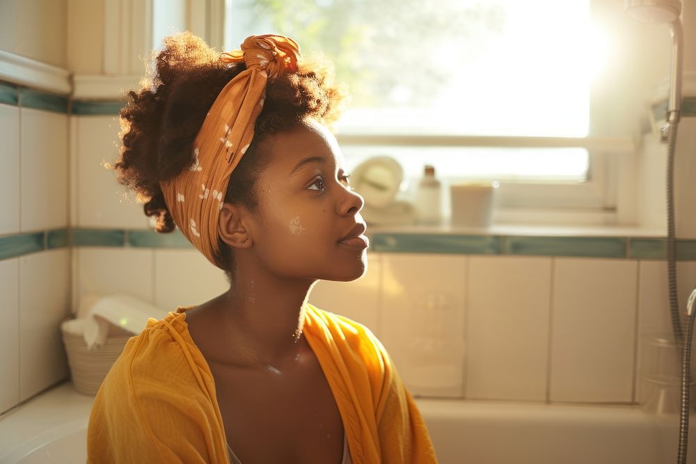 African American young woman portrait bathroom adult.