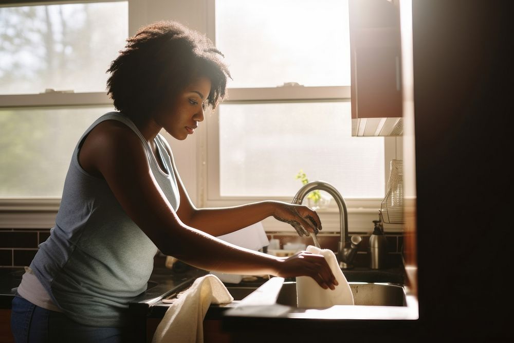 African American young woman cleaning kitchen adult.